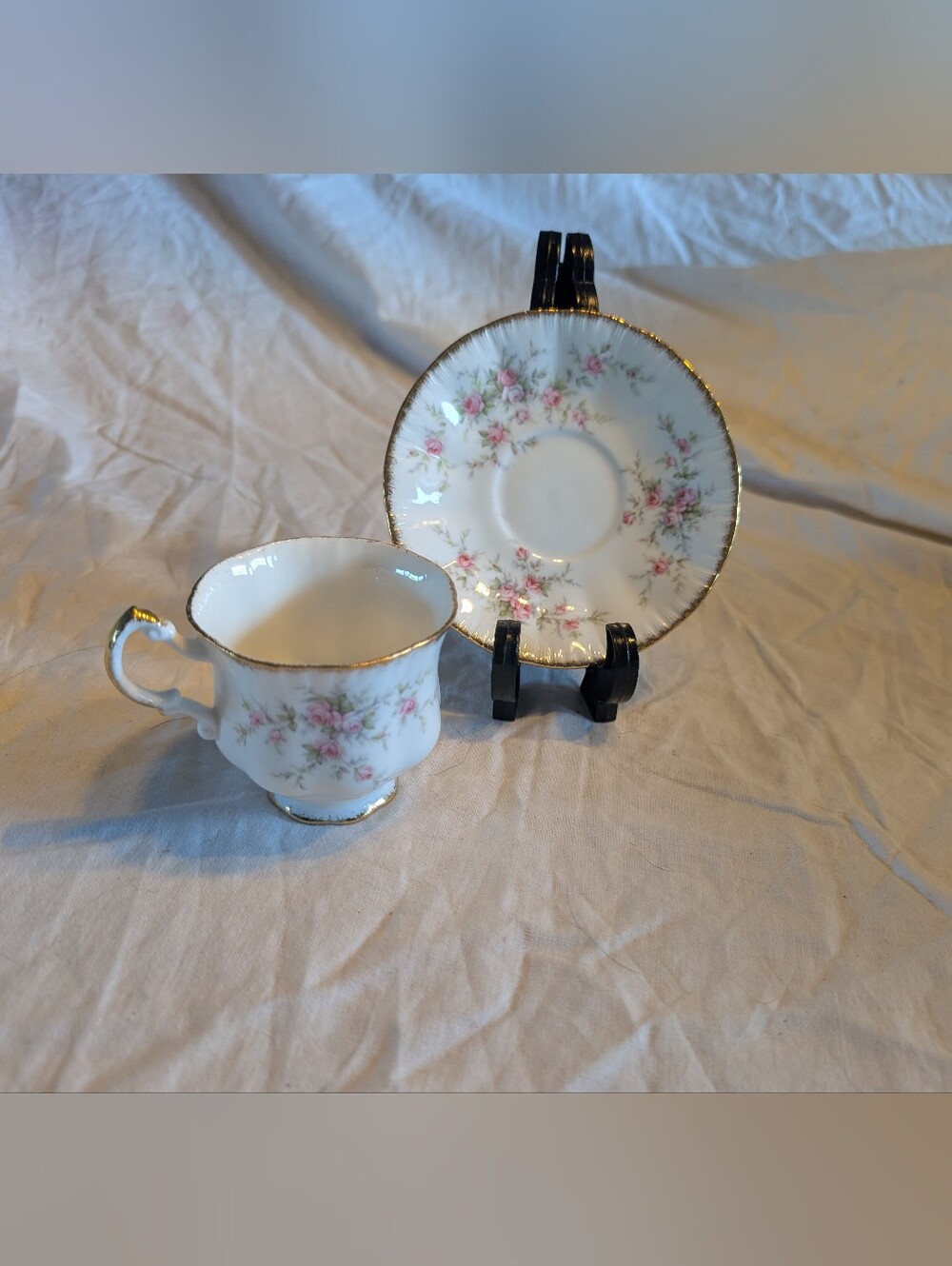 2/60$ PARAGON White Porcelain Teacup & Saucer with Pink Rose Motif and Gold Trim